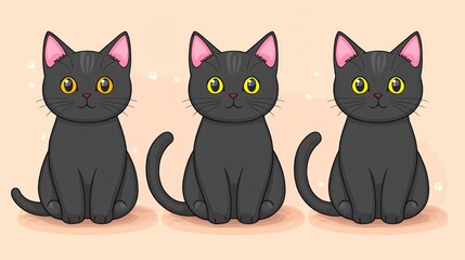 Naklejka na meble Three Cute Cartoon Black Kittens Sitting, Pastel Background