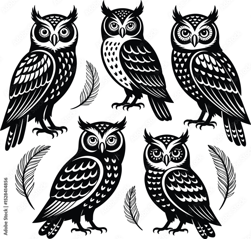 Owl Silhouette Illustration Set: Black and White Owl Designs with ...