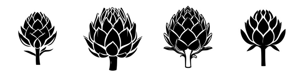 Wall Mural - Artful collection of black and white artichoke icons showcasing unique shapes and designs suitable for diverse graphic projects
