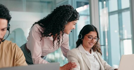 Poster - Call center, manager and people in office training on laptop for online help, contact and feedback. Professional, corporate and mentor with woman on computer for customer service and crm support