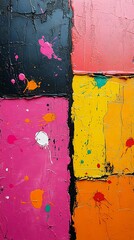Wall Mural - colorful abstract background with splashes of paint on textured surface, featuring black, pink, oran