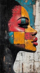 Wall Mural - a vibrant portrait of a woman’s profile featuring bold colors and abstract geometric patterns that c