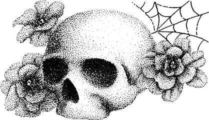 Intricate stippling ink illustration of skull with flowers and spider web