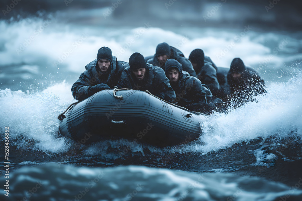 refugees in black raincoats on inflatable boat,concept of migration ...