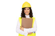 © PeopleVideos - Young architect wearing safety helmet and high-visibility vest holding clipboard, smiling on transparent background