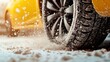 © Pinklife - A close-up of a car tire spinning on a snowy terrain, showcasing the motion and splashes of snow around it, epitomizing winter driving challenges and excitement.
