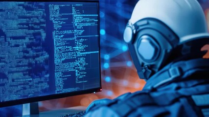 Cybersecurity Expert Analyzing Data on Computer Screen in Futuristic Environment with Digital Graphics and Visual Effects