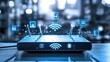 © Sampao - Wi-Fi router with data signal waves and connected device icons in an abstract technology theme
