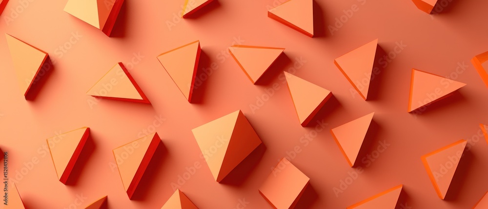 Abstract coral background with scattered triangular and square shapes creating a dynamic, geometric pattern