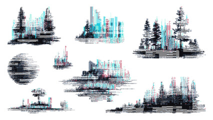 Wall Mural - glitch elements vector graphics with landscape and tree abstract shapes. digital art for backgrounds