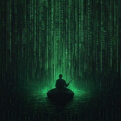 A man is sitting in a boat in a green background