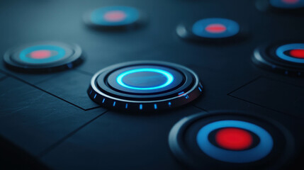 Wall Mural - futuristic control interface with glowing buttons in blue and red colors for technology and gaming a