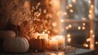 © rioyoungguns - Autumnal still life with pumpkins, candles, and dried flowers, illuminated by warm string lights