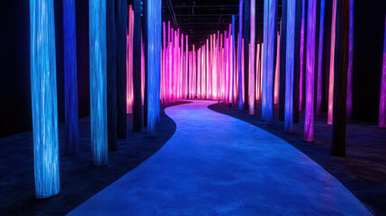 Wall Mural - enchanting journey through vibrant light pathway surrounded by colorful interactive sculptures in a 