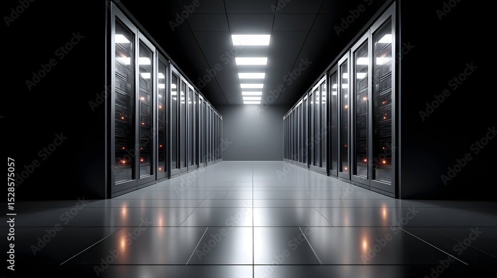Secure server room houses blinking lights for cybersecurity data ...