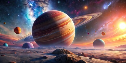 Wall Mural - A Majestic Panorama of Planetary Bodies and Celestial Wonders Across a Vast, Desolate Landscape