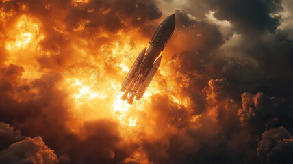 Wall Mural - moment of rocket ignition and liftoff with billowing smoke and erupting flames symbolizing power