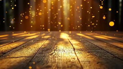 Wall Mural - golden light particles falling on wooden planks creating magical ambient background