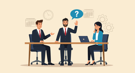 Business Job Interview concept. Vector cartoon illustration of two people sitting at a table with a laptop and asking a young man in a suit questions. Isolated on background 