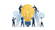 © GraphicsWorld - Business Brainstorm Concept. Contemporary flat style vector illustration of a group of diverse people in business suits putting together a light bulb puzzle. Isolated on background.