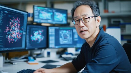 Wall Mural - Analyzing Code: A focused individual surrounded by several computer screens displaying complex code, immersed in the intricate world of technology and innovation. 