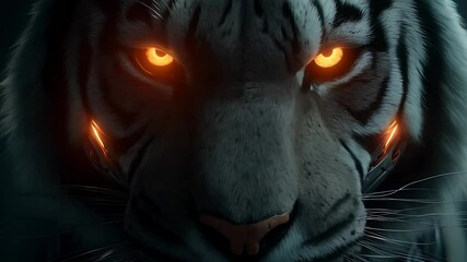 Cyborg tiger with glowing eyes sci fi scene