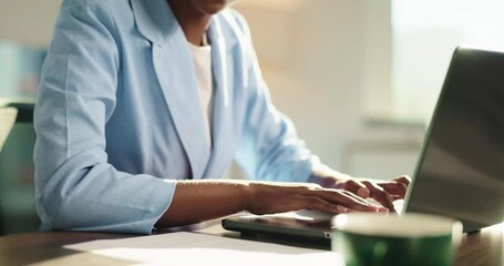 Aufkleber - Typing, online and person with laptop, hands and research for investment on website and information. Corporate, financial planner and employee with tech for opportunity, documents and planning