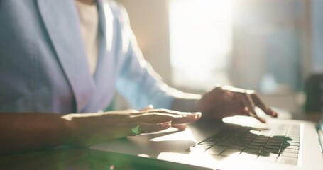 Aufkleber - Laptop, woman and hands typing in office for insurance sales, policy or business review. Keyboard, writing and worker at desk for project, risk management email or coverage with report for claims