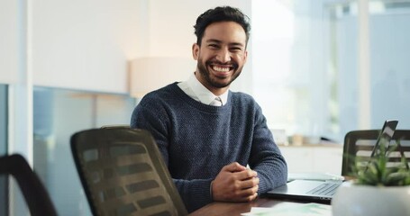 Poster - Smile, face and laptop with business man in office for lawyer, advocate and pride. Legal aid consultant, happiness and opportunity with person in law firm agency for legislation and attorney