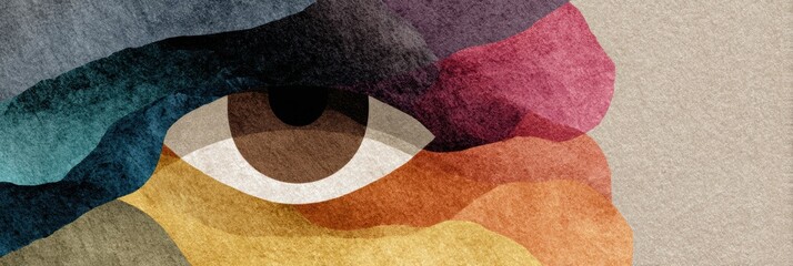 Aufkleber - Layered Abstract Shapes Create an Eye on a Neutral Background With a Clear Upper Half Showcasing Vibrant Colors and Textures