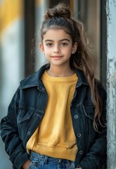 Wall Mural - a young girl with long hair wearing a black denim jacket and yellow top, standing against a weathere