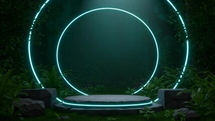 Wall Mural - stone stage with neon blue ring in lush green forest a 3d render pixel art scene blending nature and
