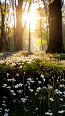 Wall Mural - Gentle sunbeams illuminate a vibrant wildflower meadow in a serene woodland glade filled with spring anemones and mossy groundcover creating a peaceful nature scene