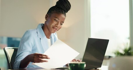 Poster - Happy, reading and woman with laptop, paperwork or typing of information for investment or employee. Corporate, financial planner and person with tech for opportunity, documents and planning on web