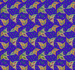 Wall Mural - A colorful seamless pattern with paisley-shaped coleus leaves and small flowers, buds and branches with berries on a bright blue background. Beautiful boho print for fabric.