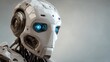 © morepiixel - Sleek, futuristic AI robot head, clean design, glowing blue eyes, focusing on emotionless yet intelligent expression, high-tech metallic finish, minimalist background.