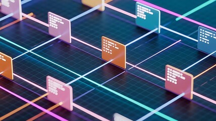 abstract data flow and digital network visualization with connected program code blocks