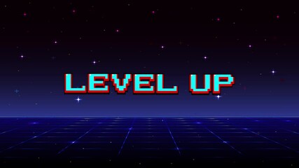 Wall Mural - level up. pixel art .8-bit game. retro futurism sci-fi background. glowing neon grid. and stars from