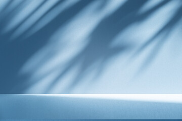 Poster - Wall interior background, studio and backdrops show products.with shadow from window color white and blue background for text insertion and presentation product	