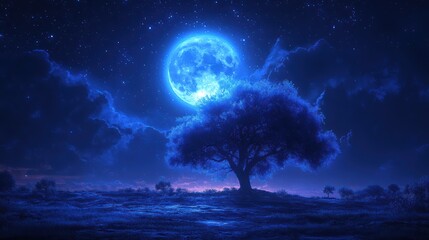 stunning full moon illuminating dark sky with tree in dreamy landscape celestial awe inspiring night