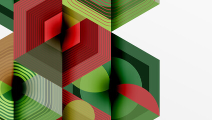 Poster - Abstract geometric composition. Hexagons overlap, creating layered effect. Red, green, brown hues dominate design. Lines suggest depth, dimension.