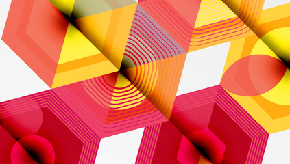 Poster - Abstract geometric composition. Overlapping shapes create dynamic visual effect. Warm colors dominate, with subtle gradients. Modern design.