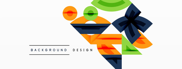 Fototapete - Abstract geometric shapes overlap, creating vibrant design. Orange, green, blue colors dominate white background. Modern aesthetic.