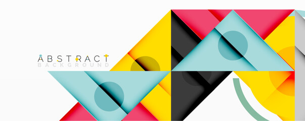 Fototapete - Geometric shapes overlap, creating vibrant colorful abstract design. Yellow, pink, blue, black dominate composition. Modern aesthetic.