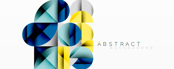 Poster - Geometric shapes overlap, creating modern design. Blue, yellow, gray tones dominate composition. Minimalist aesthetic, clean lines present.