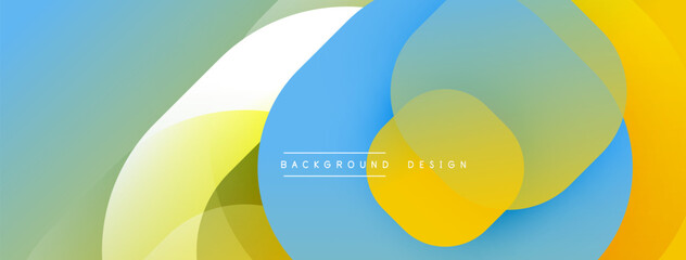 Poster - Abstract design features overlapping circles, gradients. Colors include blue, yellow, green, white. Modern aesthetic, smooth transitions.