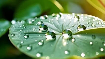 Wall Mural - Close-up of fresh water droplets sparkling in sunlight on a bright green leaf showcasing nature's beauty and purity.
