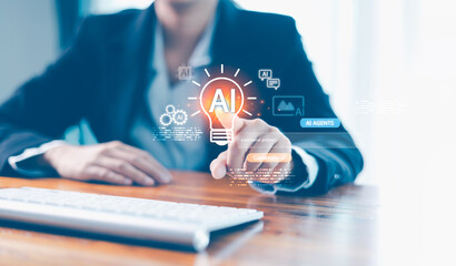 ai agent generate. user pointing virtual ai lightbulb icon with generate button, command prompt bar,