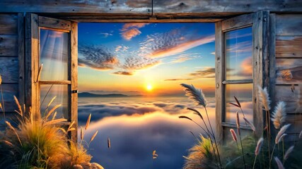 Wall Mural - open window view of majestic sunset over clouds and mountains
