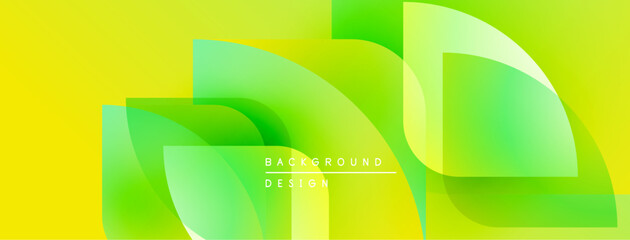 Fototapete - Bright yellow background features overlapping green shapes. Modern design with gradient effects, text reads background design. Simple, clean aesthetic.